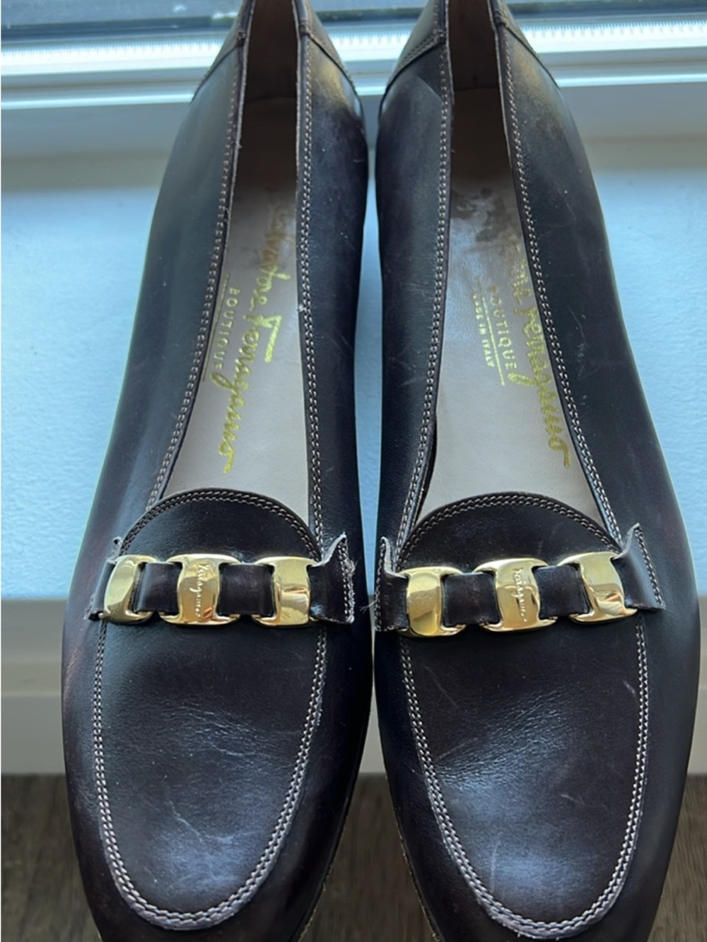 Salvatore Ferragamo Dark Brown Leather Loafers with Gold Chain Accent